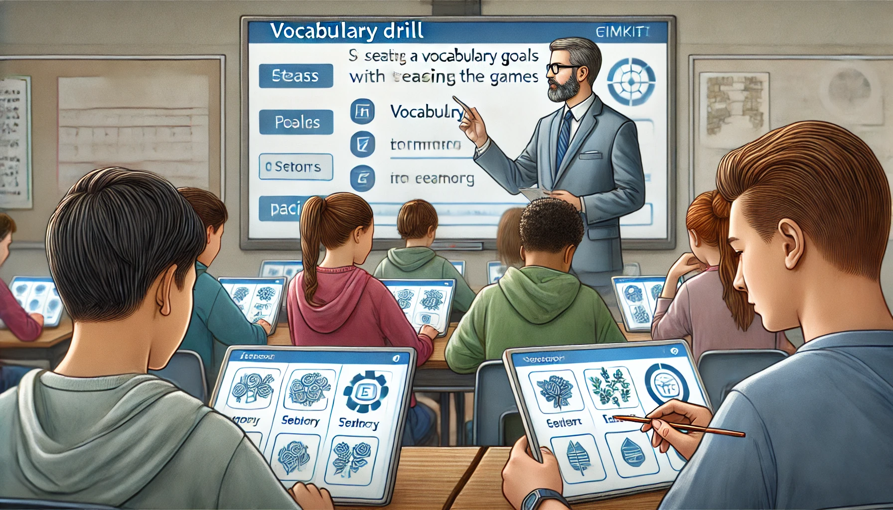 Teacher guiding students through a vocabulary drill on Gimkit, setting clear goals and pacing the session in an organized classroom