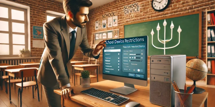 Teacher configuring school computer firewall settings and network configurations in a modern classroom to access educational tools like Gimkit