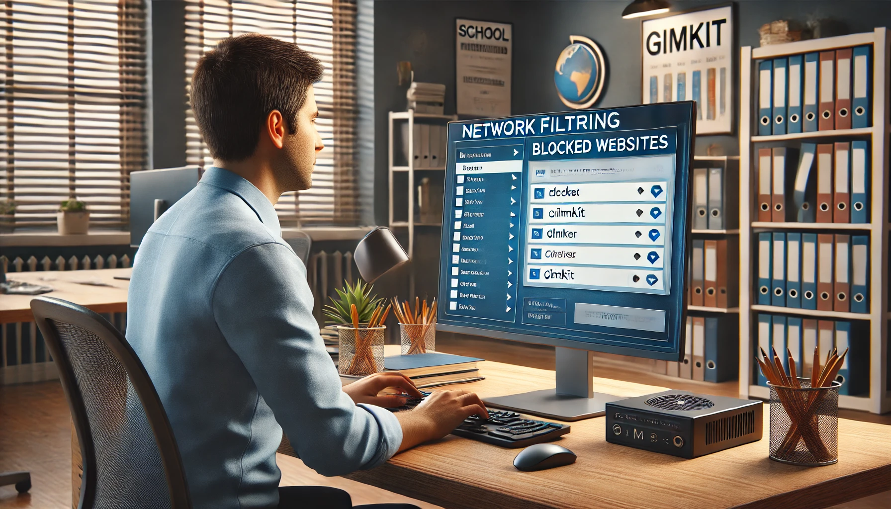 IT administrator adjusting network filtering settings on a computer to allow access to educational websites like Gimkit in a school network