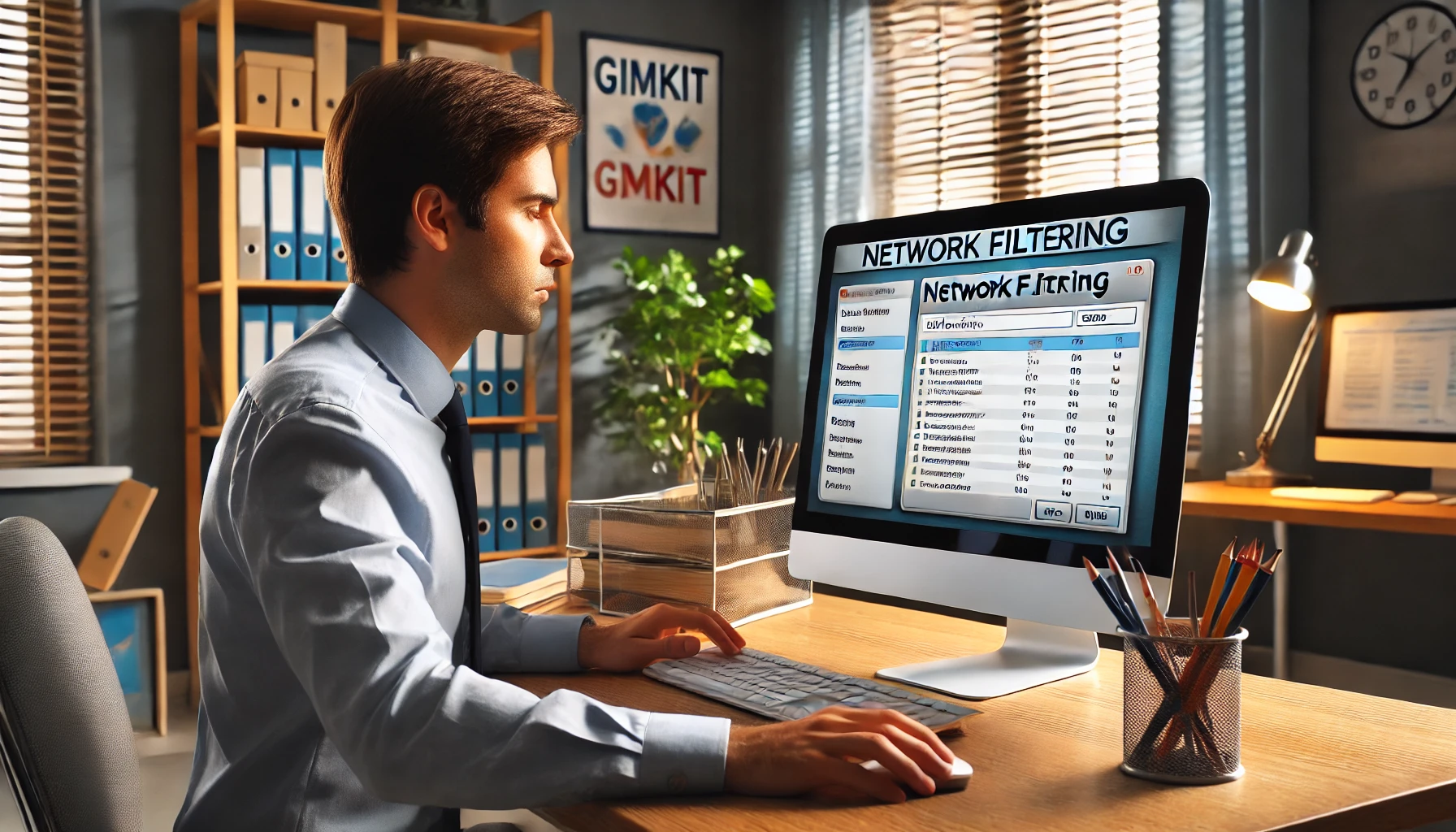 IT administrator adjusting network filtering settings on a computer to unblock educational websites like Gimkit in a school network