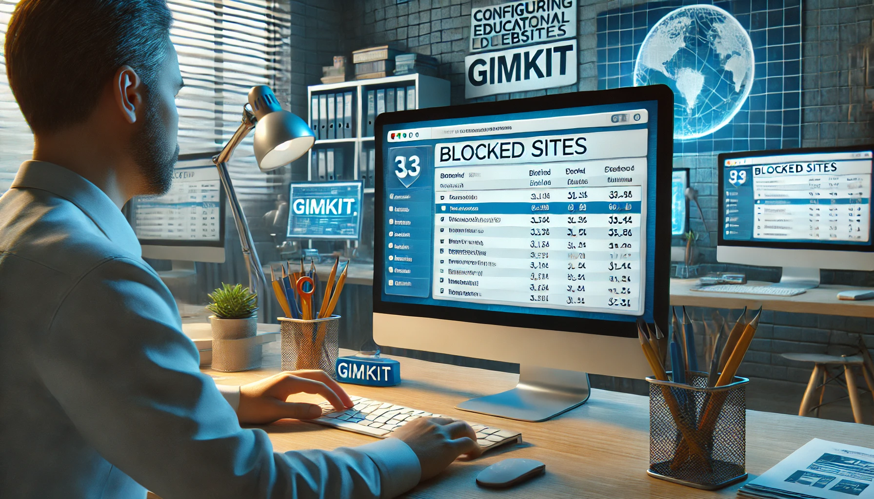 IT administrator adjusting firewall settings on a computer to unblock educational tools like Gimkit in a school network