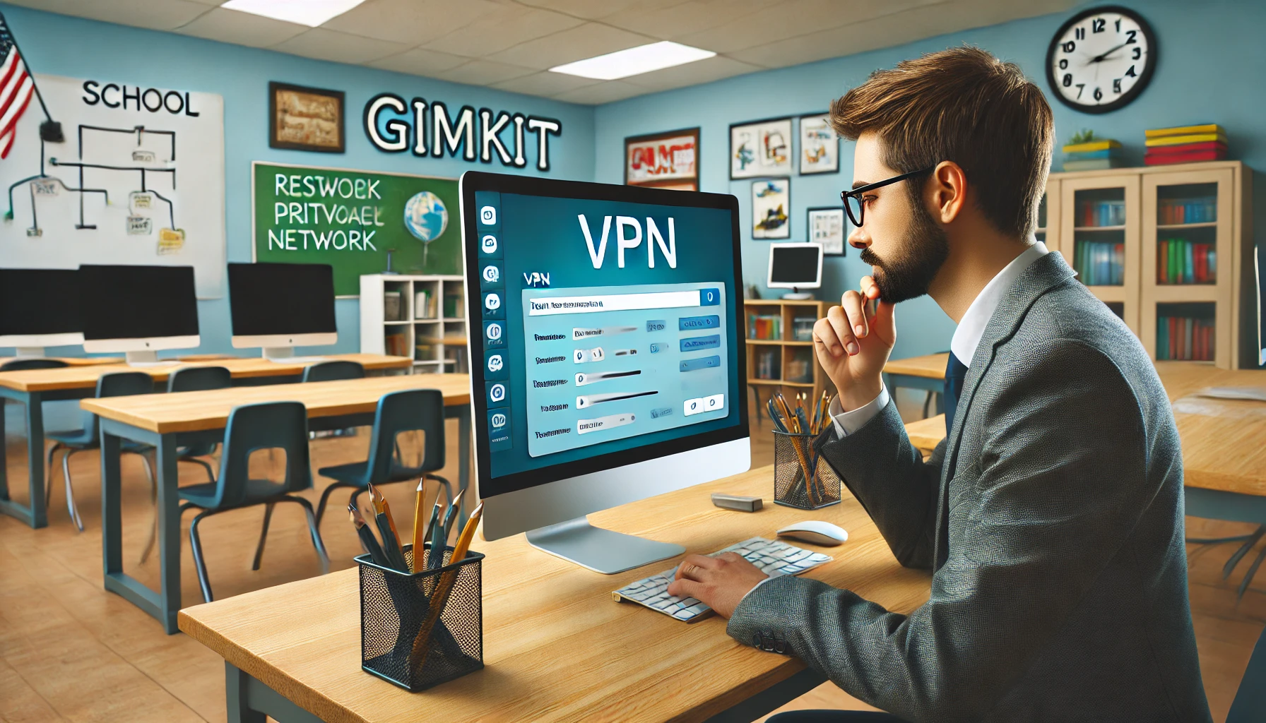 IT administrator setting up VPN software on a school computer to bypass network restrictions and access educational websites like Gimkit