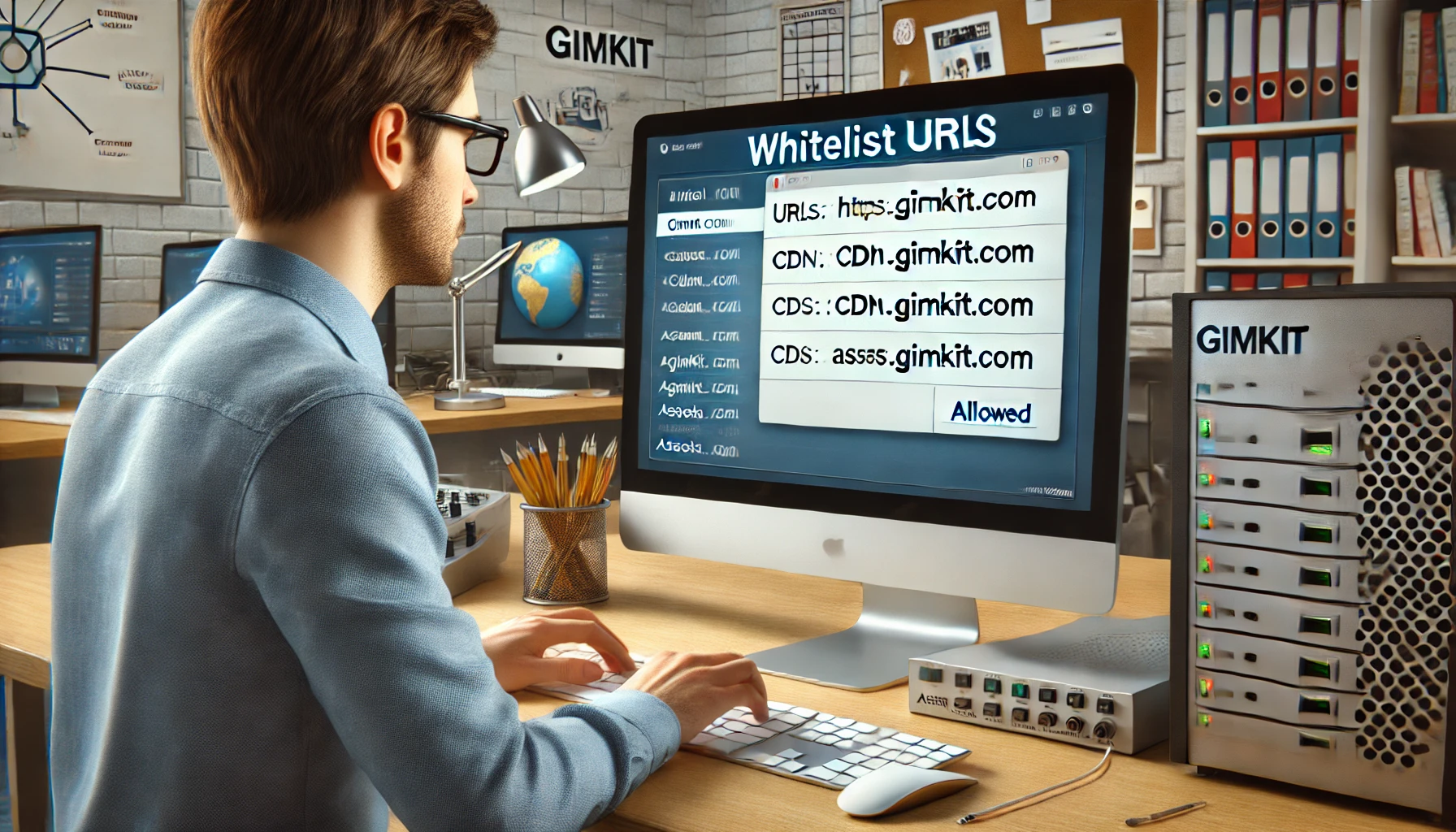 IT administrator configuring school firewall to whitelist Gimkit URLs (gimkit.com, cdn.gimkit.com, assets.gimkit.com) to allow access in the network