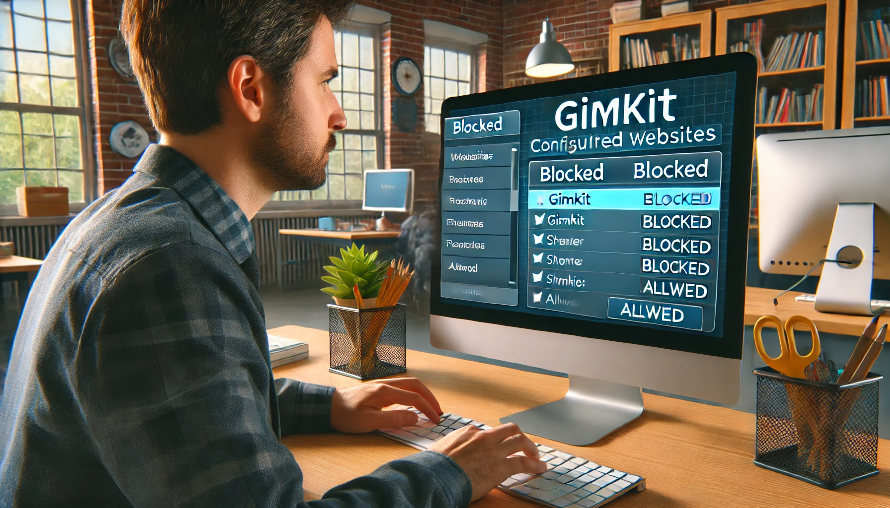 IT administrator adjusting school firewall settings to remove Gimkit from the blocked list and allow access to educational websites like Gimkit