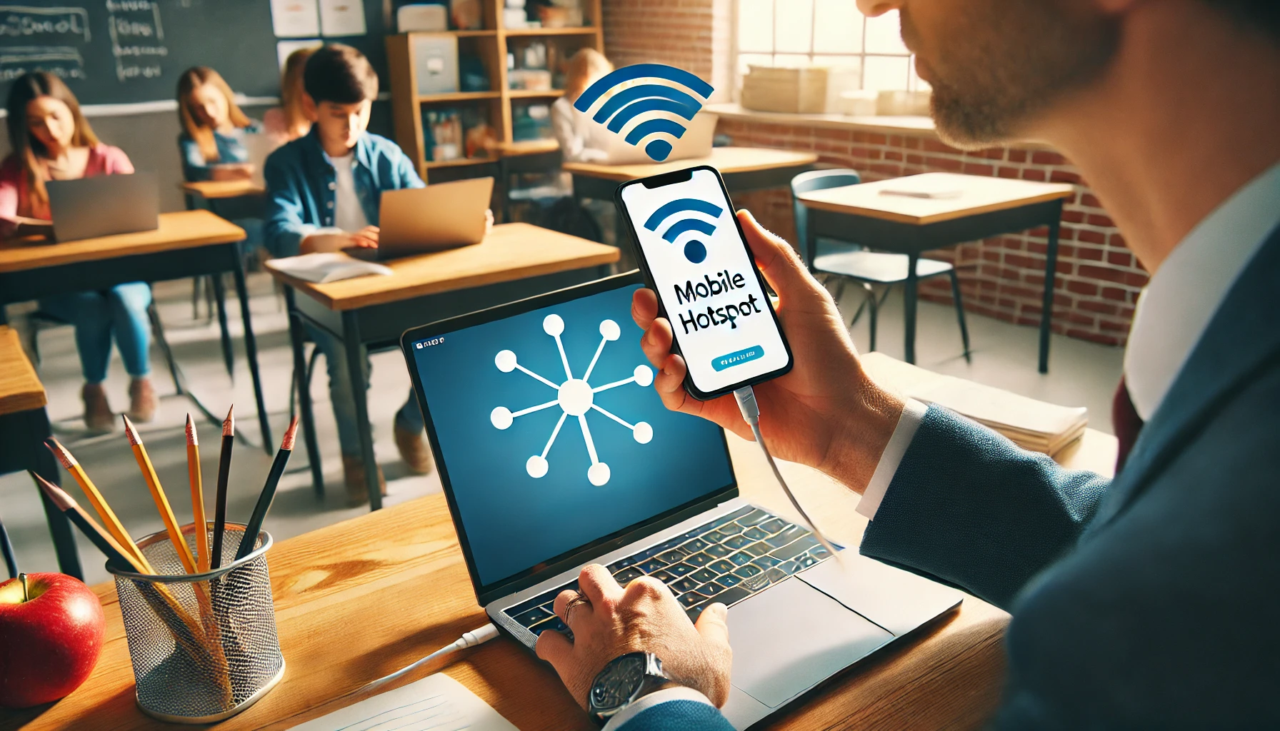 Teacher using a mobile hotspot to connect a school laptop to the internet and access educational websites like Gimkit