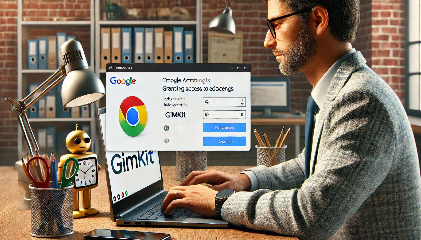 IT administrator adjusting settings on a Chromebook using Google Admin Console to allow access to educational tools like Gimkit