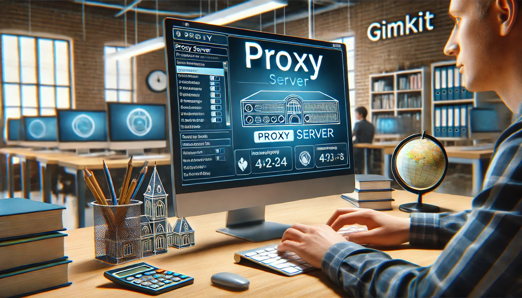 IT administrator configuring a proxy server on a computer to bypass network restrictions and access educational websites like Gimkit