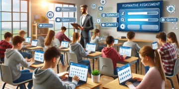 Modern classroom with students using Gimkit for formative assessment, while a teacher monitors progress in an interactive learning environment
