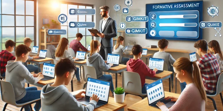 Modern classroom with students using Gimkit for formative assessment, while a teacher monitors progress in an interactive learning environment