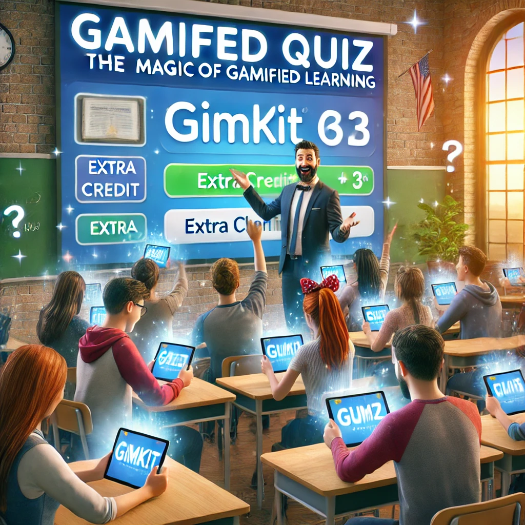 A vibrant classroom scene where a teacher demonstrates a Gimkit quiz on a large screen, and excited students use tablets or laptops to answer questions, highlighting how gamified learning and extra credit opportunities boost engagement