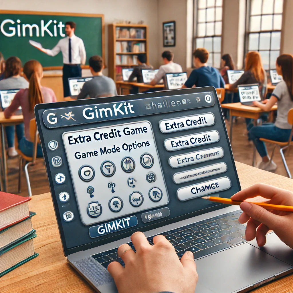 A teacher customizing a Gimkit game on a laptop, adjusting game modes and quiz settings for extra credit challenges. In the background, students are actively engaged in a Gimkit challenge on their devices, showcasing the platform’s flexibility and real-time feedback for educators