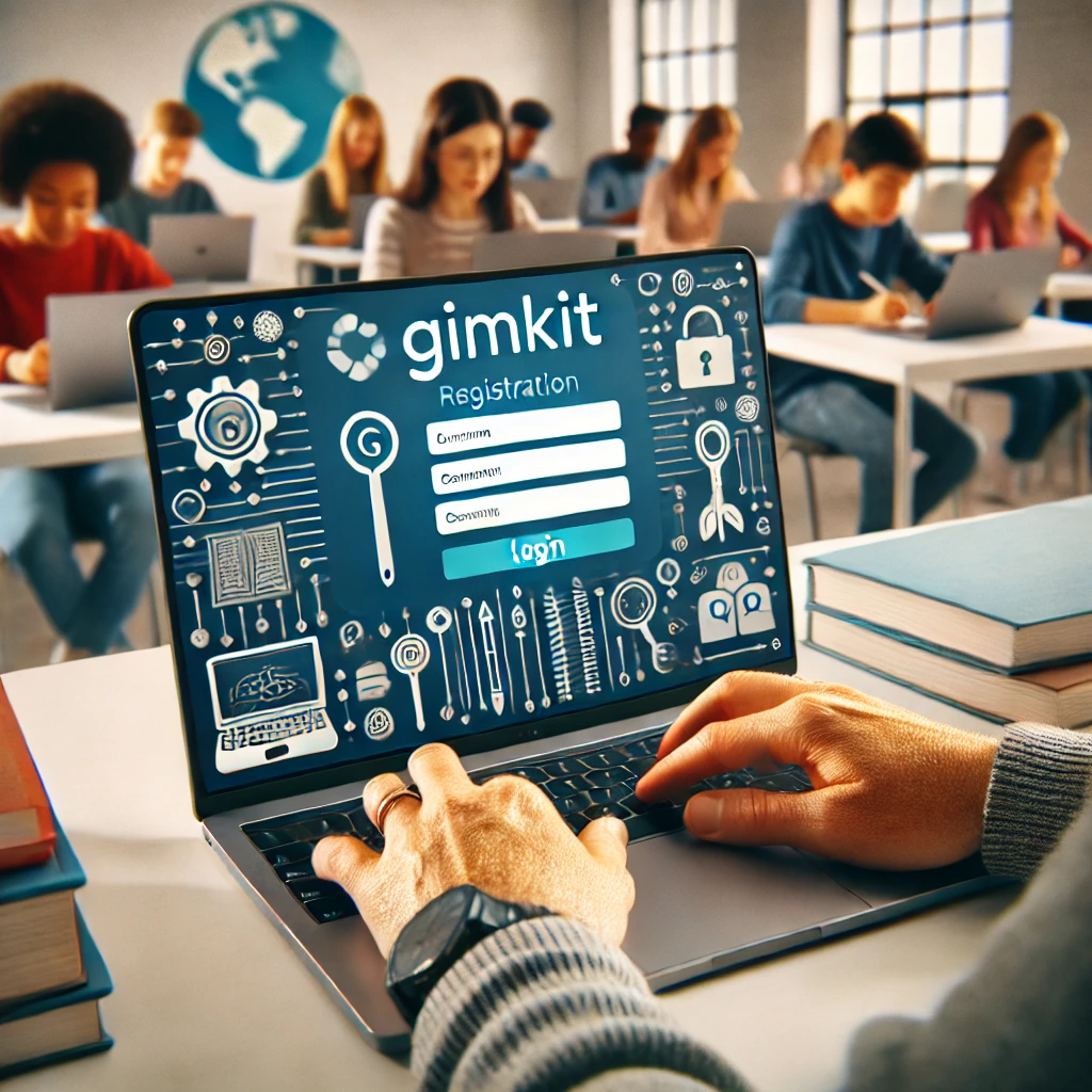 A teacher customizing a Gimkit game on a laptop, adjusting game modes and quiz settings for extra credit challenges. In the background, students are actively engaged in a Gimkit challenge on their devices, showcasing the platform’s flexibility and real-time feedback for educators