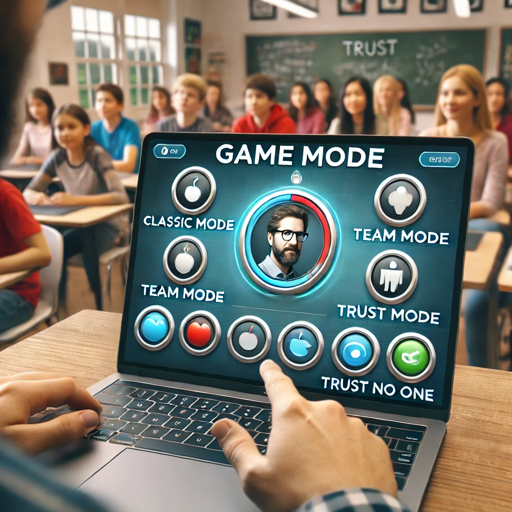 A teacher selecting a game mode in Gimkit on a laptop, with options like Classic Mode, Team Mode, and Trust No One displayed on the screen. In the background, students eagerly wait to participate in an engaging classroom challenge, highlighting the flexibility of Gimkit