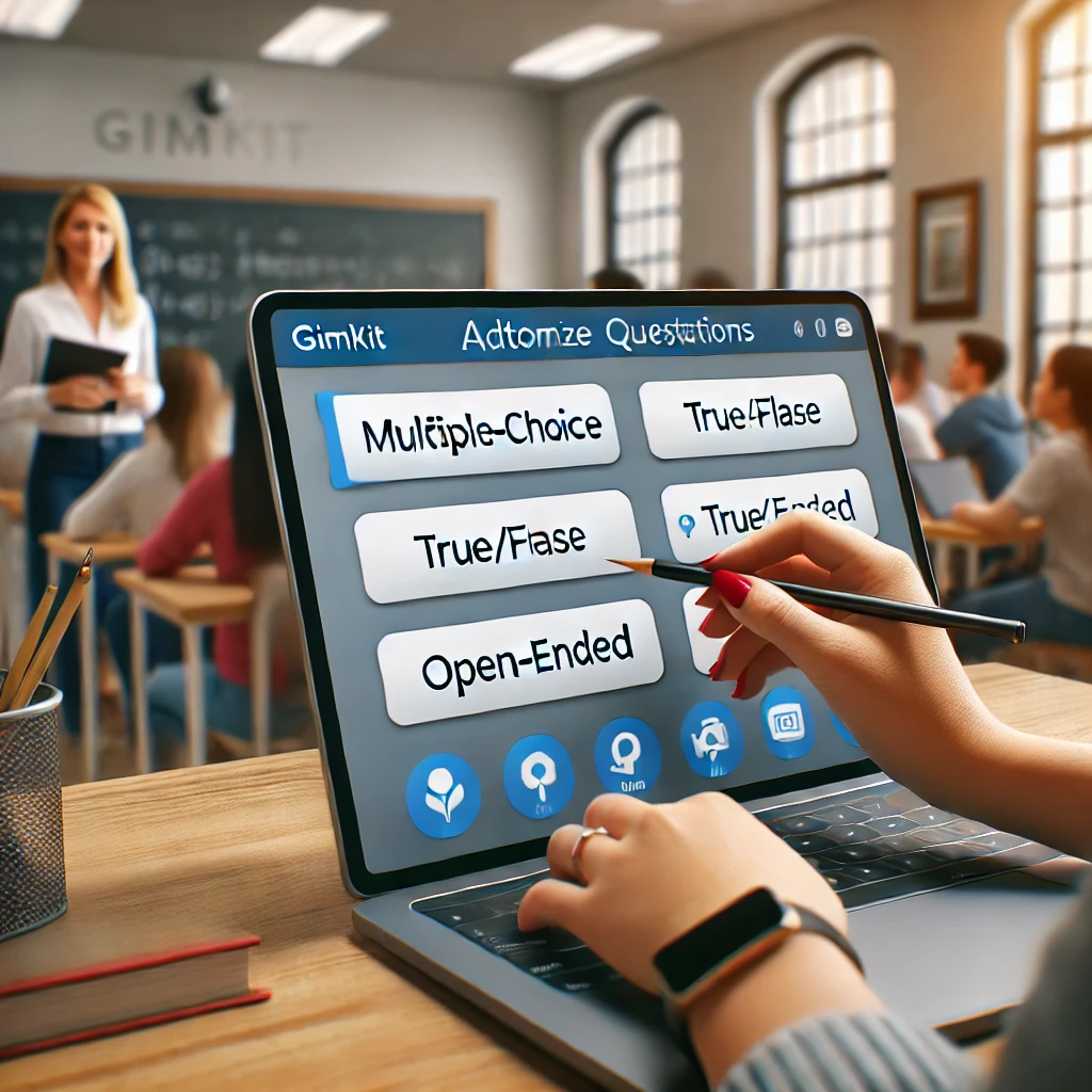 A teacher customizing questions in Gimkit on a laptop, selecting multiple-choice, true/false, and open-ended options. In the background, students engage in discussions in an interactive classroom setting, emphasizing digital learning and engagement