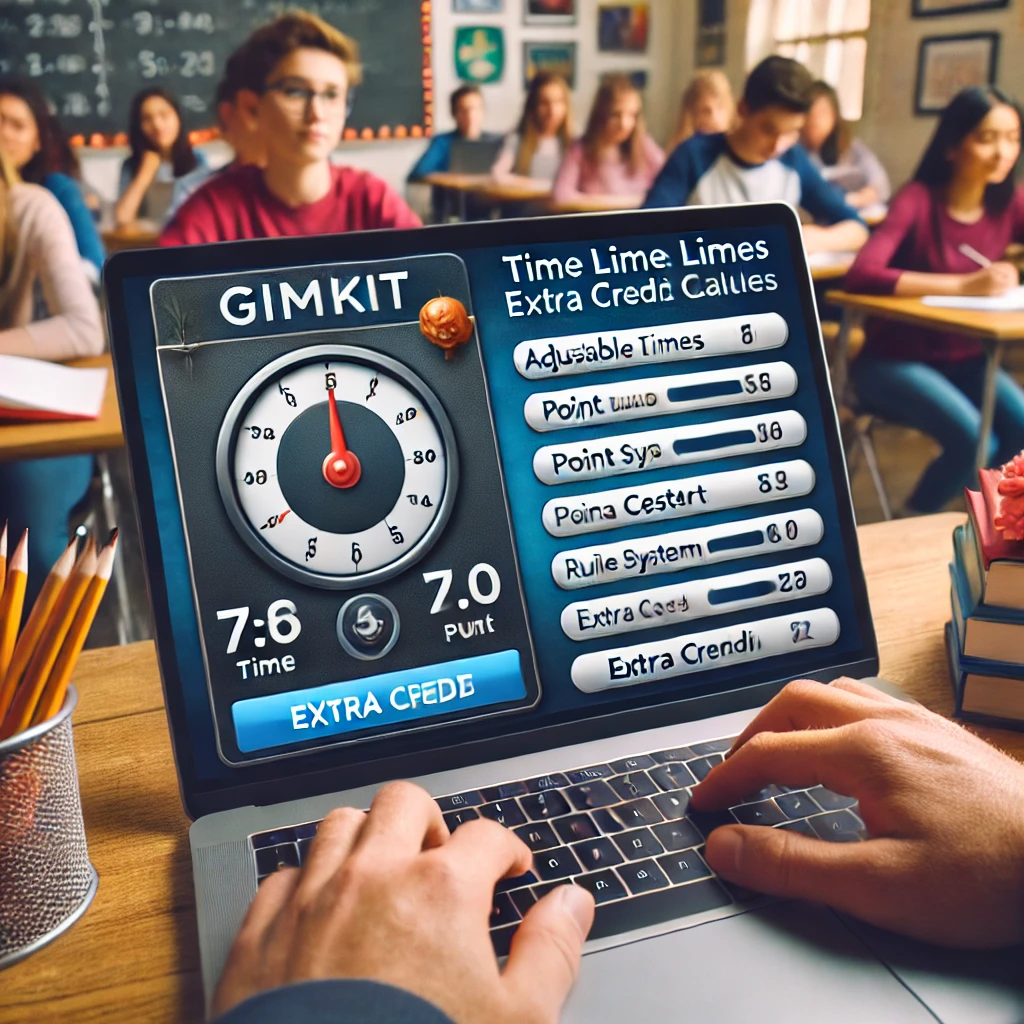 A teacher adjusting timers, point systems, and rule settings for extra credit challenges in Gimkit on a laptop. In the background, students prepare for an engaging classroom quiz, showcasing the interactive features of Gimkit