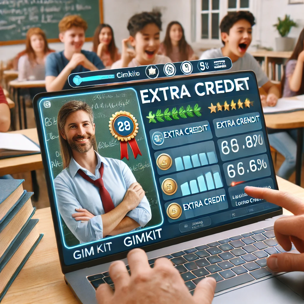 A teacher assigning extra credit through Gimkit challenges on a laptop, tracking student progress, leaderboard, and extra credit points. In the background, students react excitedly in a tech-driven classroom, highlighting interactive learning