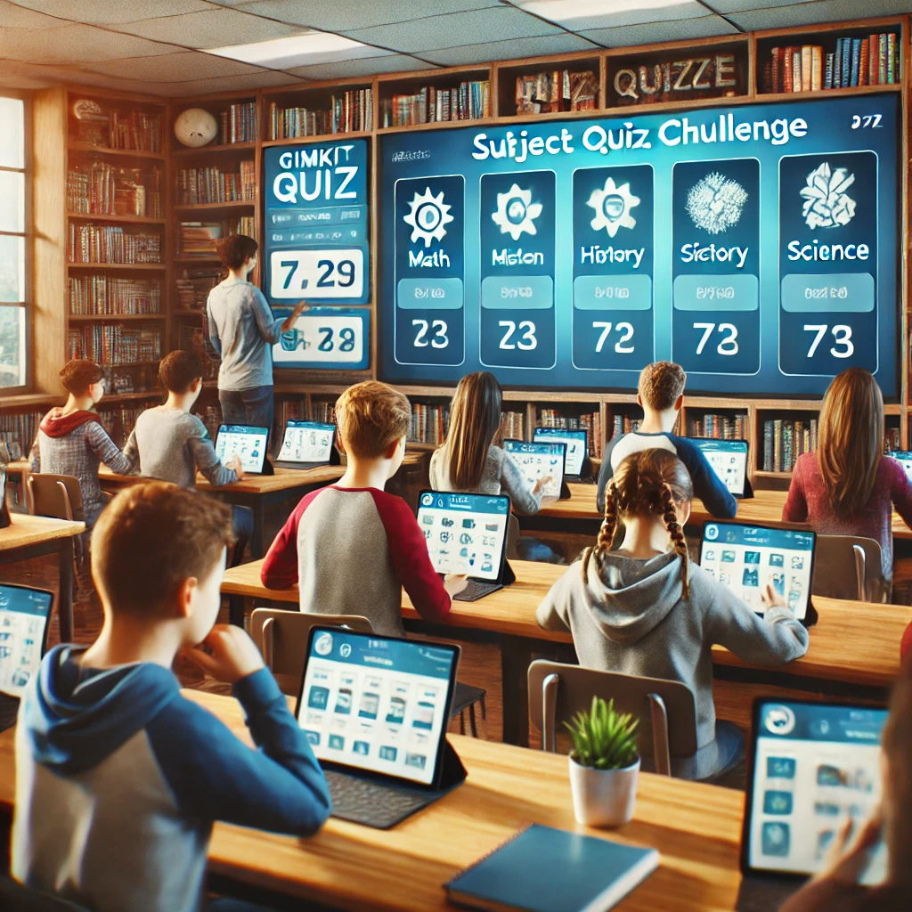 Students actively participating in a subject-specific quiz challenge using Gimkit, answering Math, History, and Science questions on tablets. A teacher monitors progress on a digital leaderboard, creating an engaging and competitive classroom environment