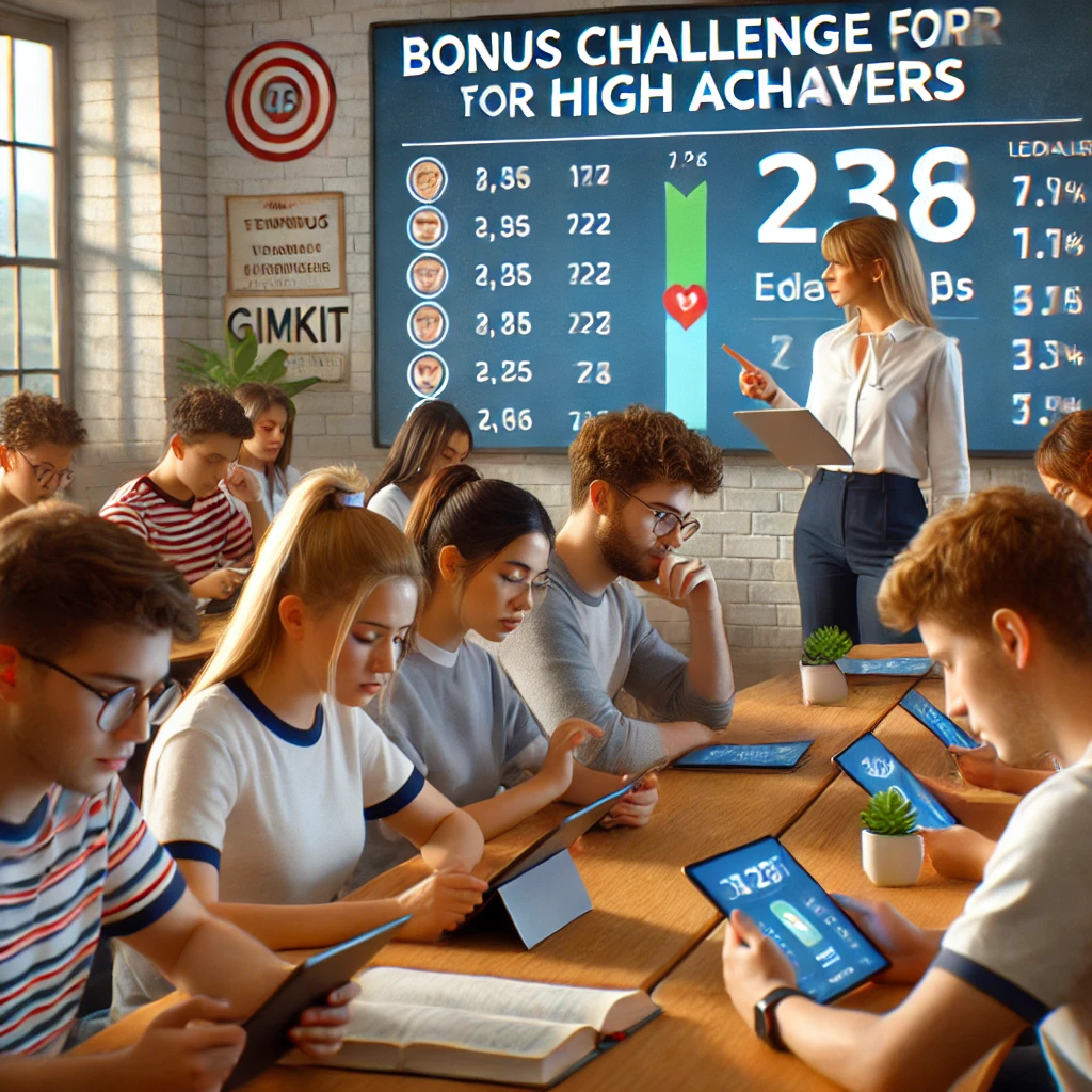 A group of students focused on tackling advanced quiz questions in a bonus challenge using Gimkit. The teacher encourages them while a leaderboard displays the top performers, creating an exciting and competitive classroom atmosphere