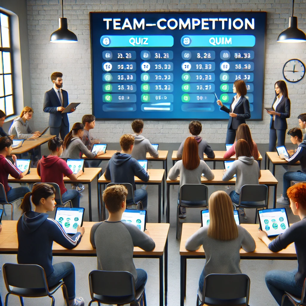 Groups of students collaborating in a Gimkit team-based competition, answering quiz questions on their tablets. A classroom scoreboard displays the competing teams, while the teacher observes and encourages participation, creating an interactive and engaging learning experience