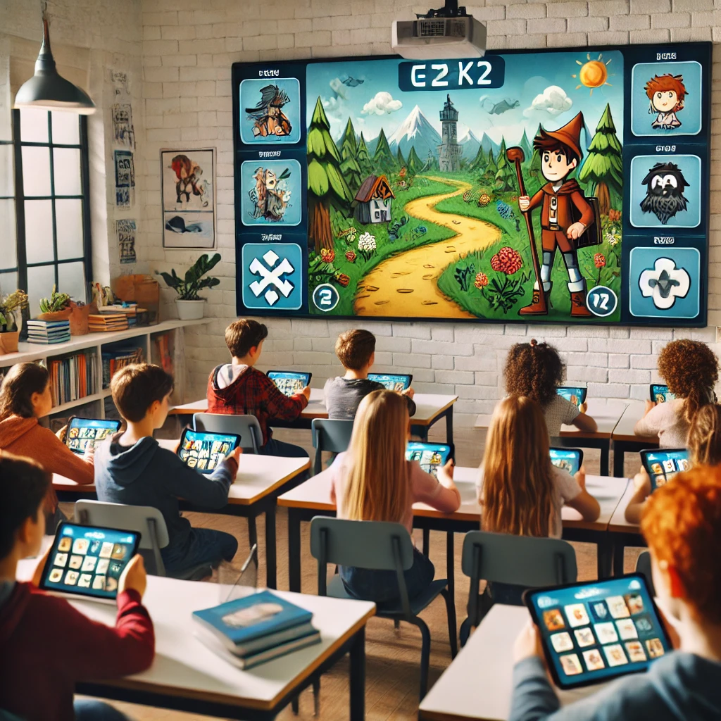 Students engaging in a story-driven quiz using Gimkit, solving puzzles and answering questions on their tablets. The classroom screen displays an interactive adventure game, creating a fun and immersive learning experience