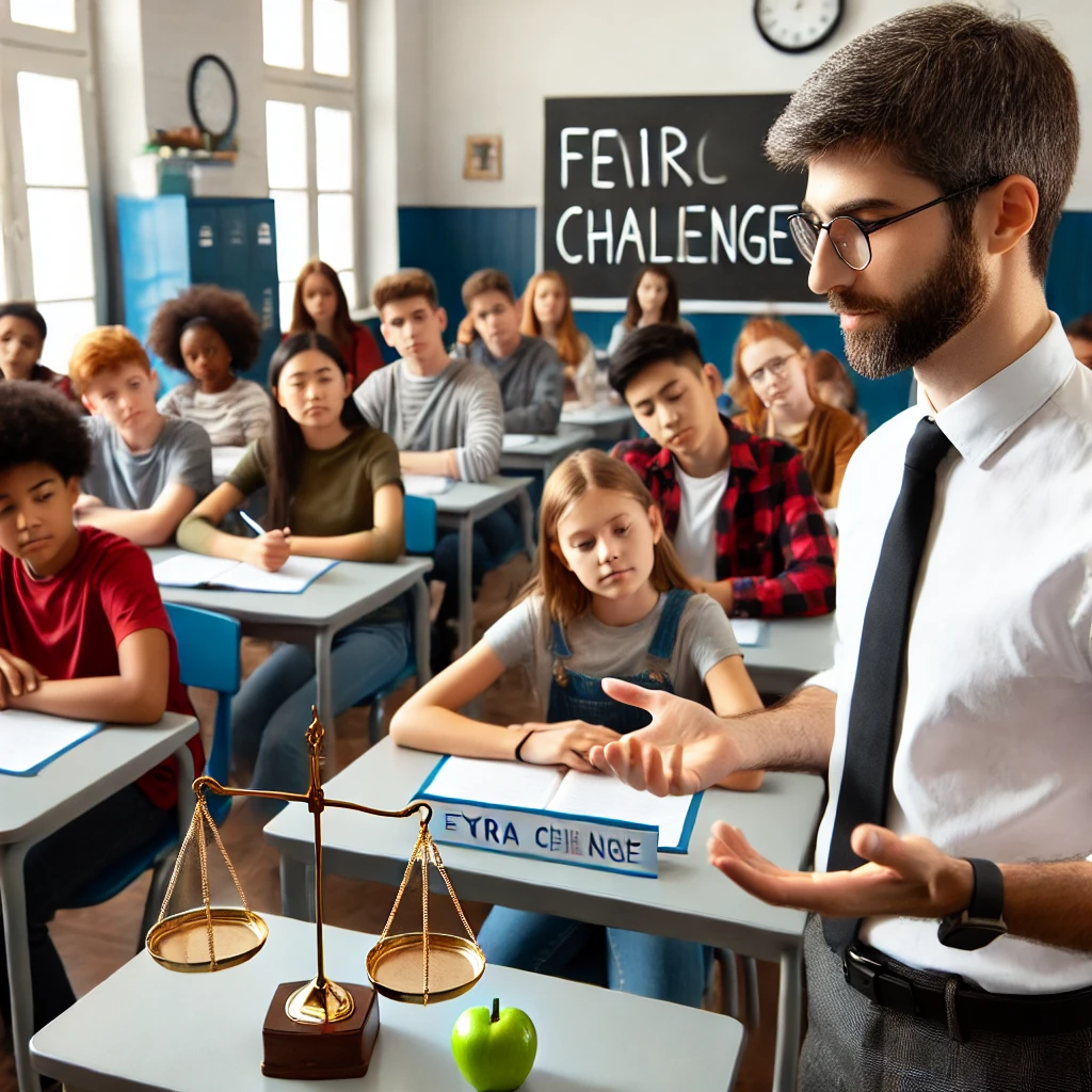 A teacher explaining challenge rules to students in a classroom, ensuring fair opportunities for everyone to earn extra credit