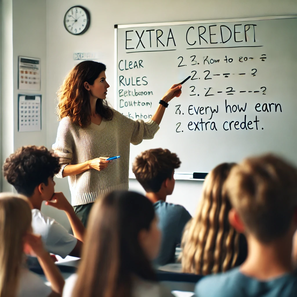 A teacher pointing at a whiteboard with clearly written challenge rules while students attentively listen and understand the process