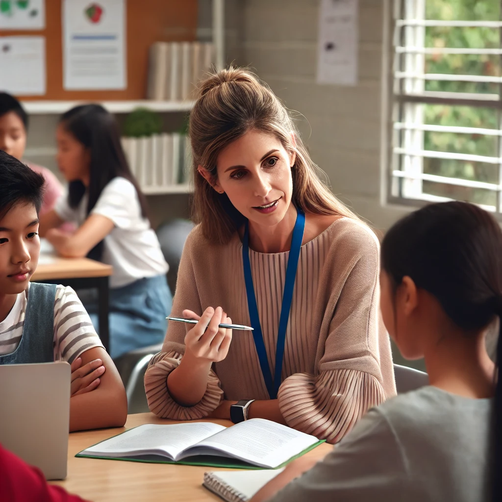 A teacher discussing with students in a classroom, gathering feedback on a challenge to improve the learning experience