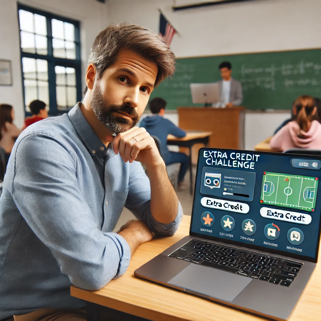 A teacher reviewing game settings on a laptop, ensuring extra credit points are correctly linked to a classroom challenge