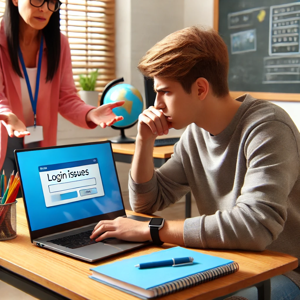 A student experiencing login issues on a laptop during an online learning game, with a teacher assisting in troubleshooting