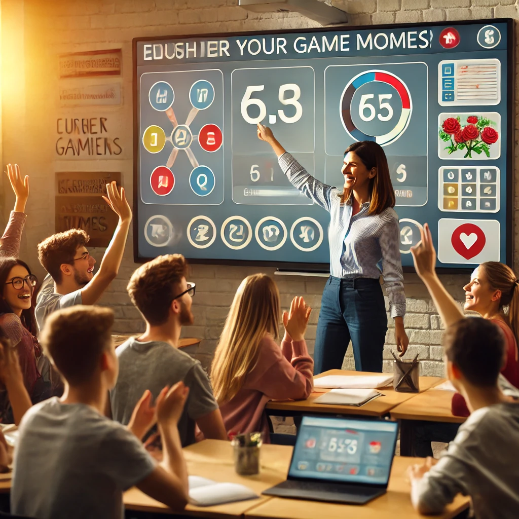 A teacher adjusting game settings on an interactive screen while students actively participate in a quiz-style classroom game