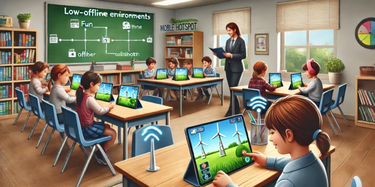 A classroom with students using tablets for offline games, connected via mobile hotspots, highlighting the adaptability of low-bandwidth learning environments.