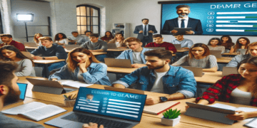 College students actively engaged in a gamified learning session using laptops and tablets, with a professor leading an interactive quiz on a large screen in a high-tech classroom