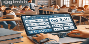 A teacher using a laptop to create custom game challenges in Gimkit for students, with a Gimkit dashboard displaying quiz tools and extra credit options. In the background, engaged students use tablets and laptops to participate in an interactive learning game. The setting is a modern, tech-driven classroom emphasizing gamified learning