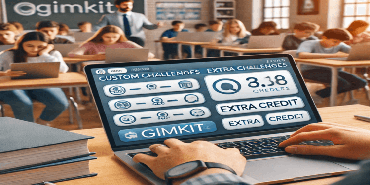 A teacher using a laptop to create custom game challenges in Gimkit for students, with a Gimkit dashboard displaying quiz tools and extra credit options. In the background, engaged students use tablets and laptops to participate in an interactive learning game. The setting is a modern, tech-driven classroom emphasizing gamified learning