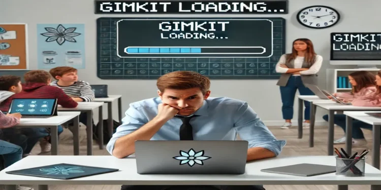 A frustrated teacher sitting at a desk in a modern classroom, looking at a slow-loading Gimkit game on a laptop screen. The digital board displays 'Gimkit Loading...' with a progress bar, while students in the background wait for the game to start. The classroom is tech-friendly, with laptops and tablets on desks