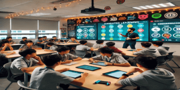 A classroom where students actively participate in a Gimkit game, earning rewards like Gimkit Coins and power-ups. The teacher facilitates the session with a leaderboard displayed in the background