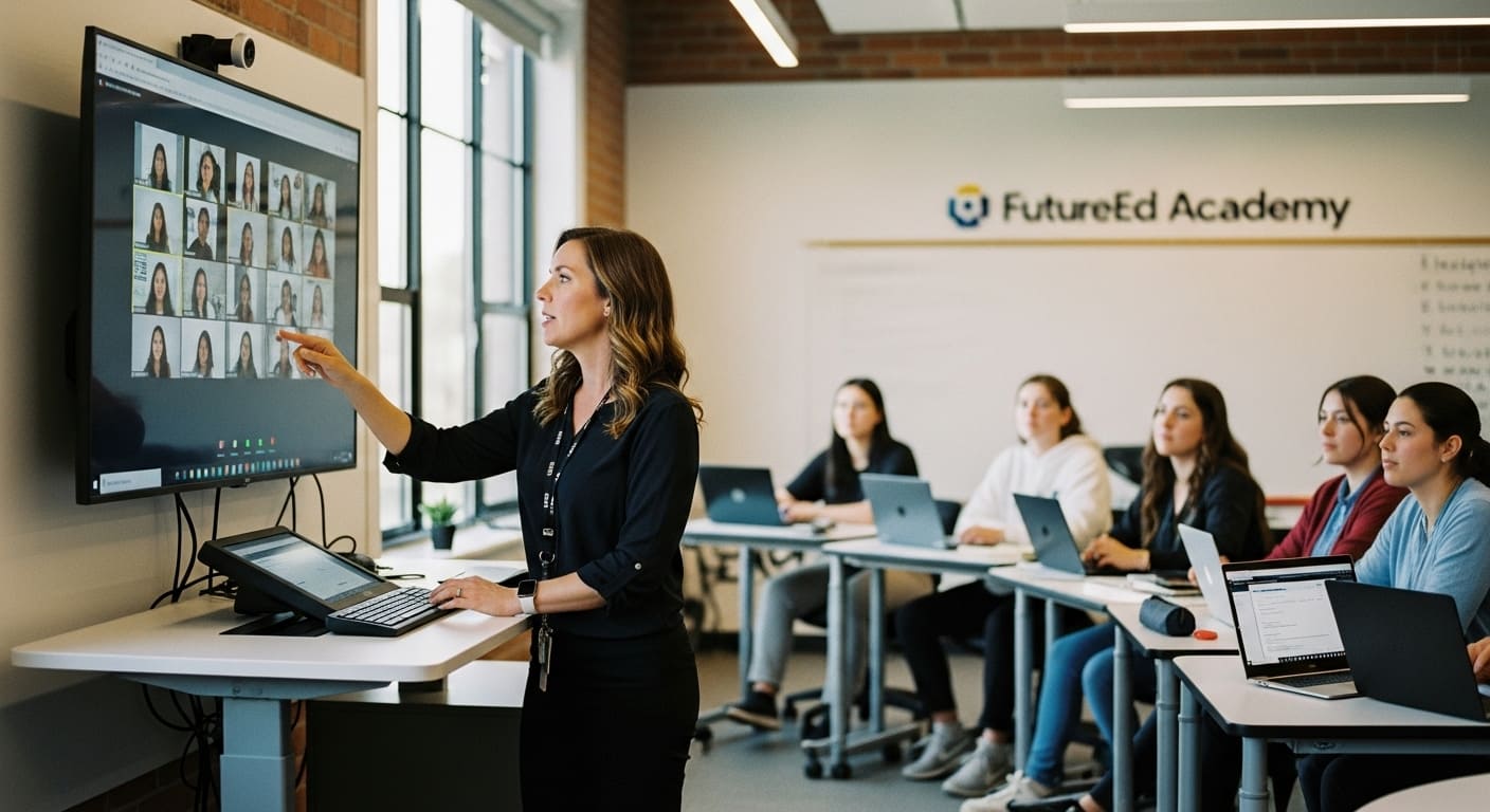 Teacher managing hybrid classroom with students in-person and online via video conference