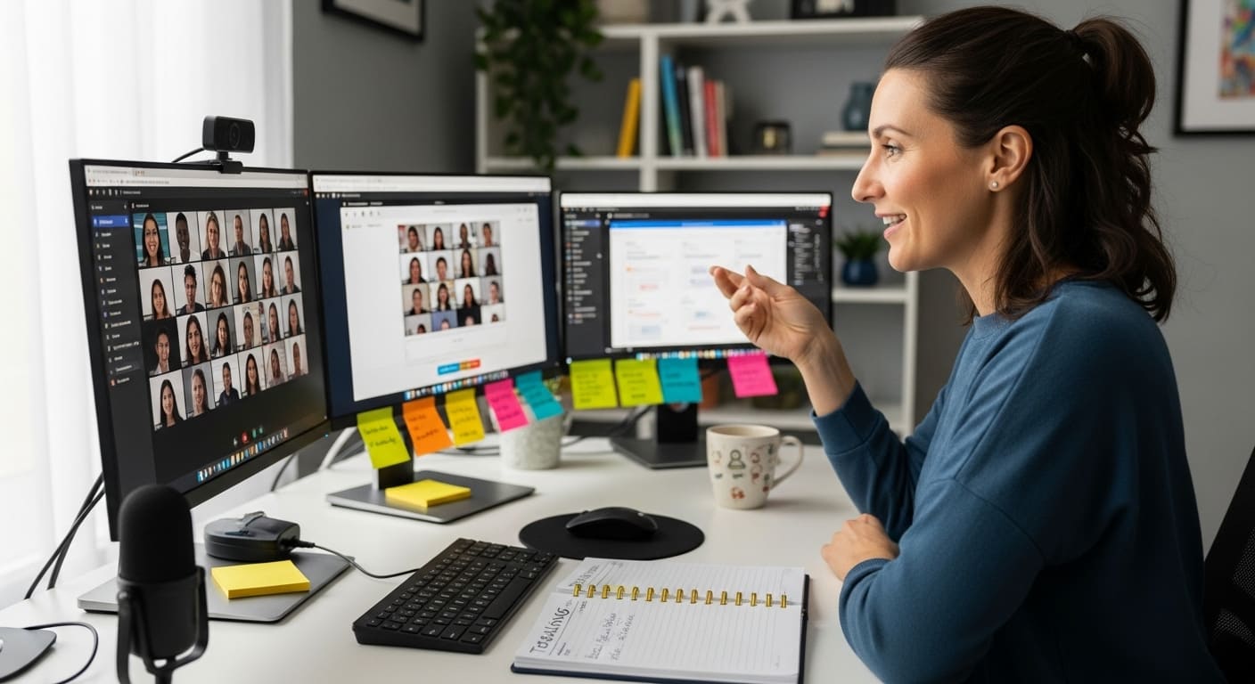 Teacher managing multiple online classes from a dual-monitor workstation.