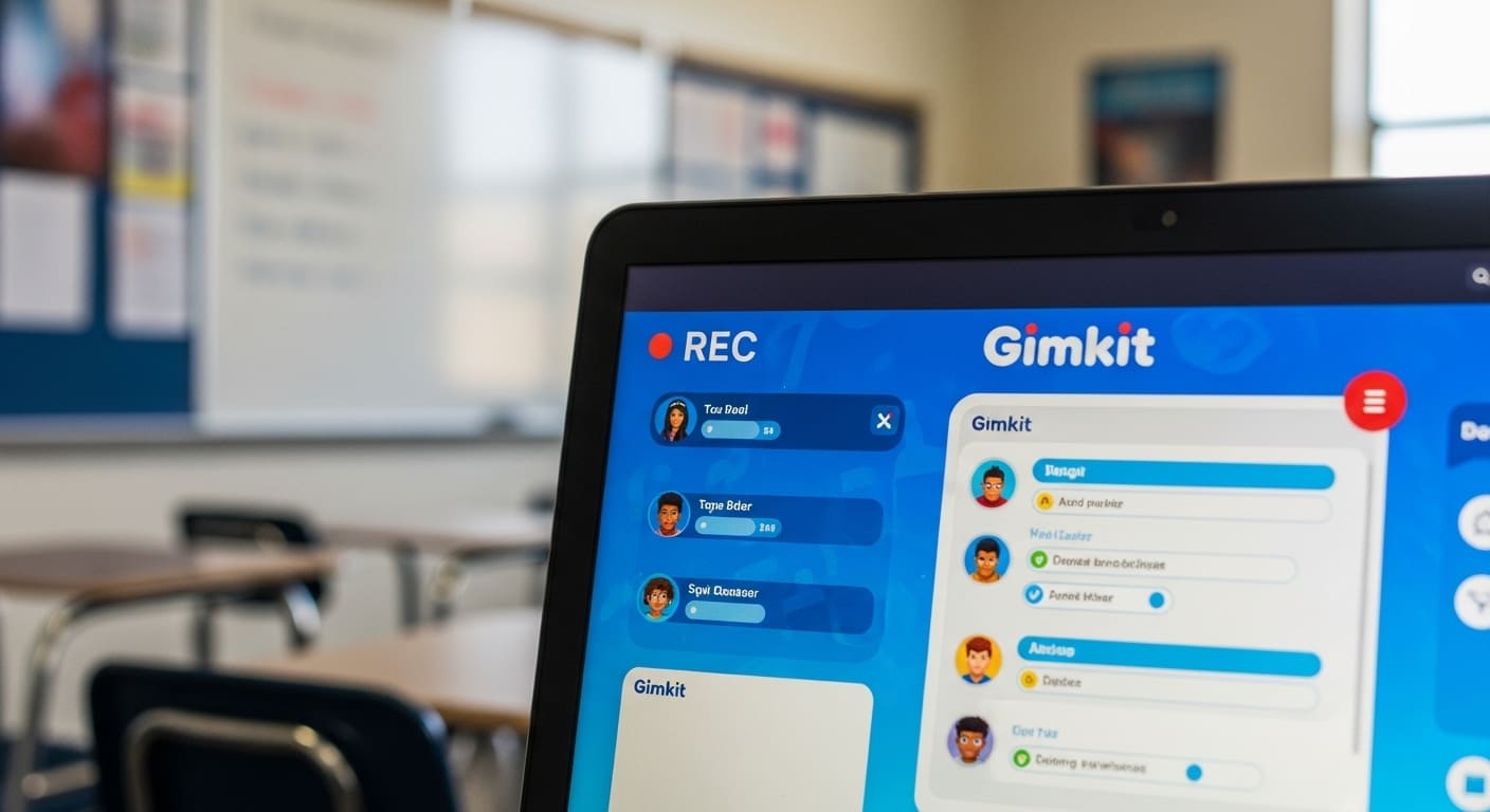 Teacher recording and reviewing a Gimkit game session on laptop.