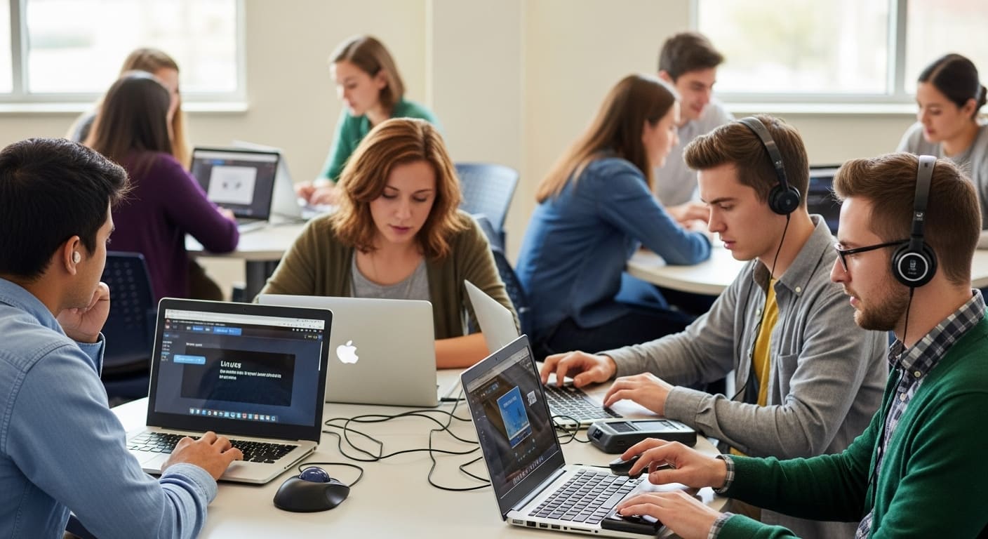 Inclusive classroom setup featuring accessibility tools like captions and screen readers