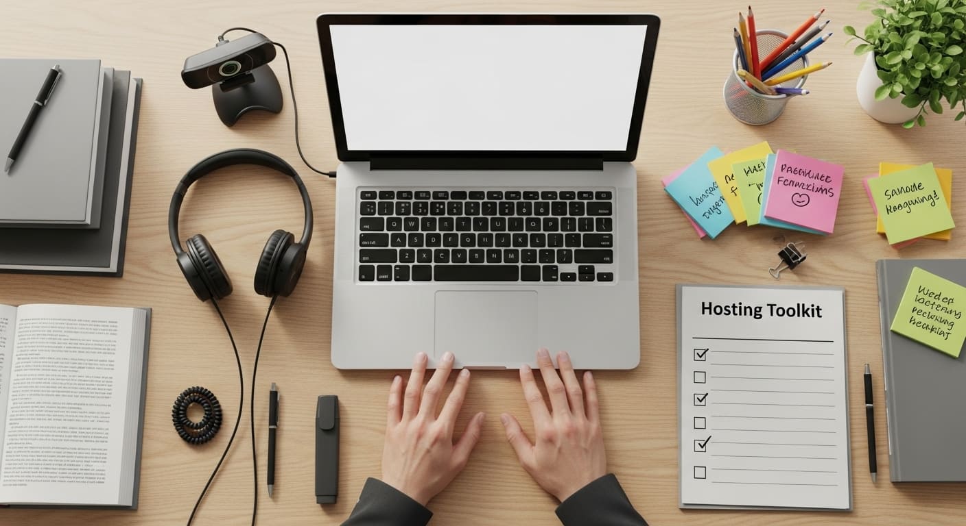 Teacher’s desk setup with headset, webcam, and teaching accessories.