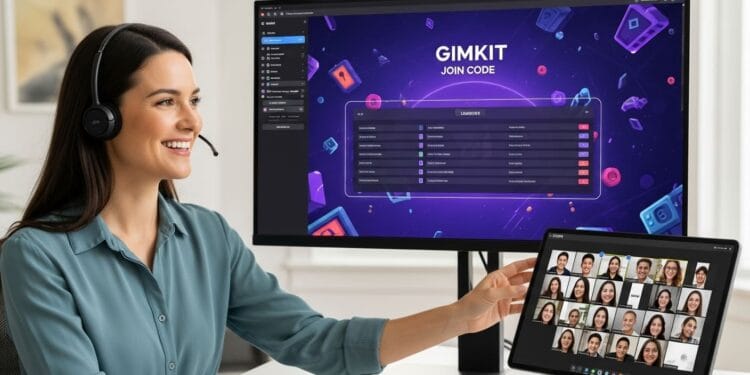 Teacher managing Gimkit game on a dual-monitor hybrid classroom setup with Zoom breakout rooms open, symbolizing advanced virtual engagement strategies for 2025 education.