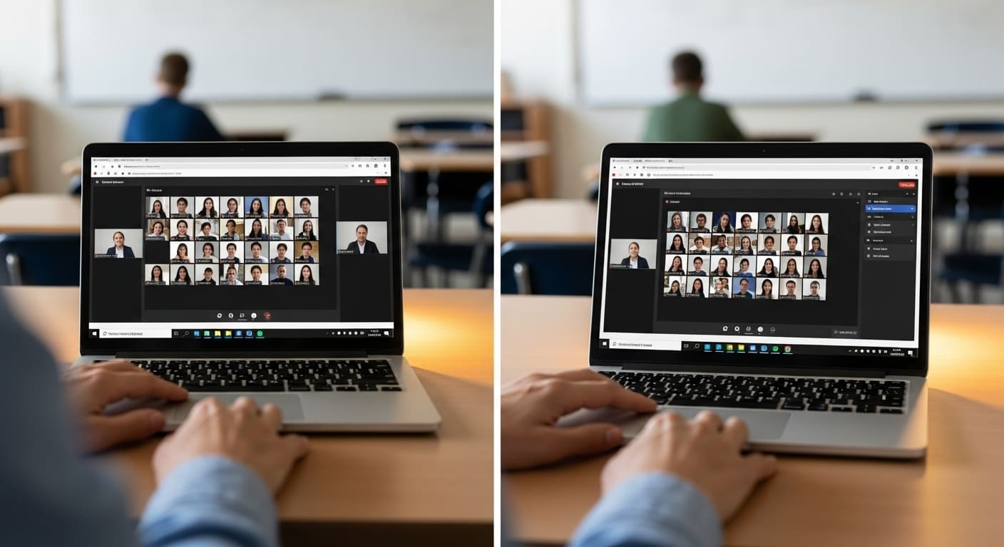 plit-screen image comparing Zoom and Google Meet features for online teaching