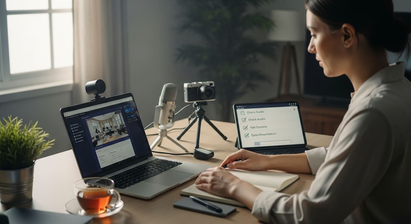 Teacher checking laptop, microphone, and camera setup before online class.