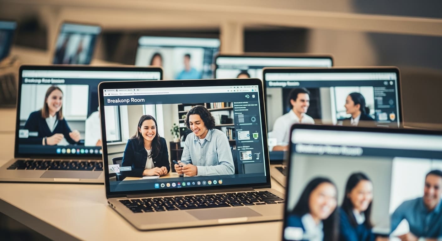 Students engaging in group discussions via Zoom breakout rooms.
