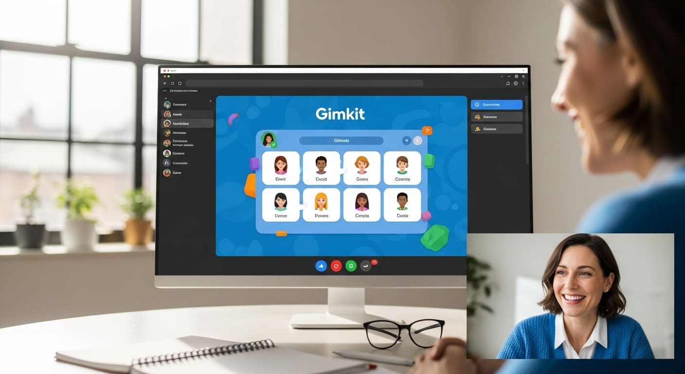 Teacher sharing a Gimkit game in Google Meet with students online.