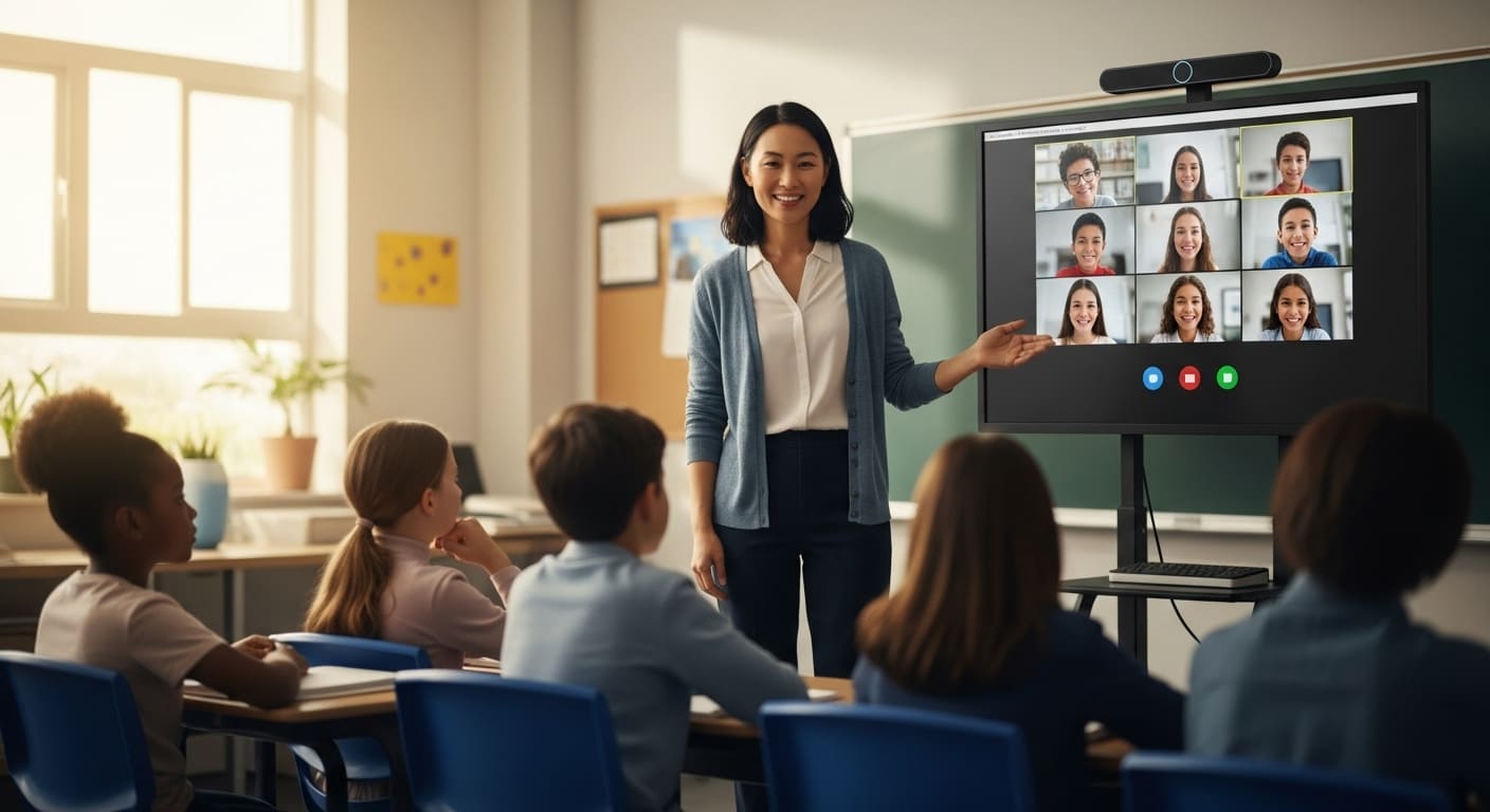 Hybrid teacher interacting with both in-person students and remote learners on a monitor.