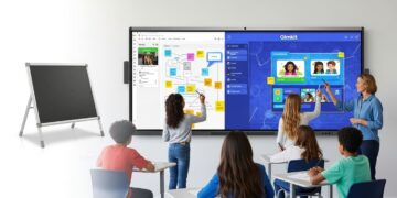 A vibrant, futuristic image illustrating the transition from a traditional Jamboard to advanced digital whiteboards like FigJam or Miro, seamlessly integrated with a Gimkit-like game on a large classroom screen, with a teacher confidently guiding students.
