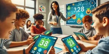 A modern classroom where students are actively participating in a math lesson using Gimkit on tablets. The teacher guides them while a projector displays an interactive math game interface, creating an engaging learning atmosphere