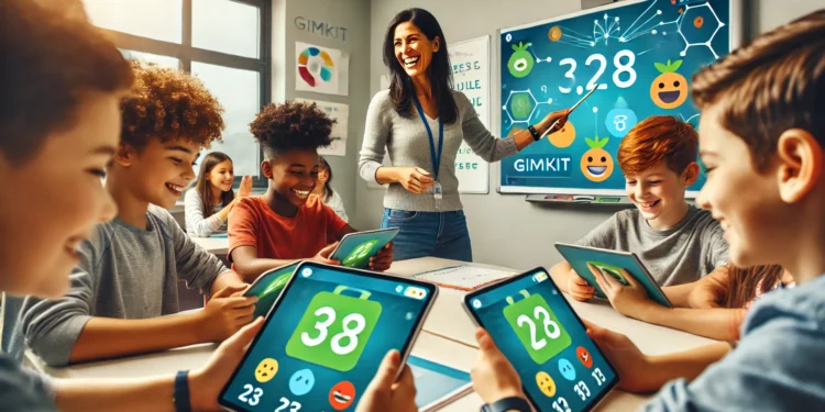 A modern classroom where students are actively participating in a math lesson using Gimkit on tablets. The teacher guides them while a projector displays an interactive math game interface, creating an engaging learning atmosphere